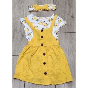 Madison Layne Baby Girls Yellow Sunflower Overall Dress & Headband Set 3T